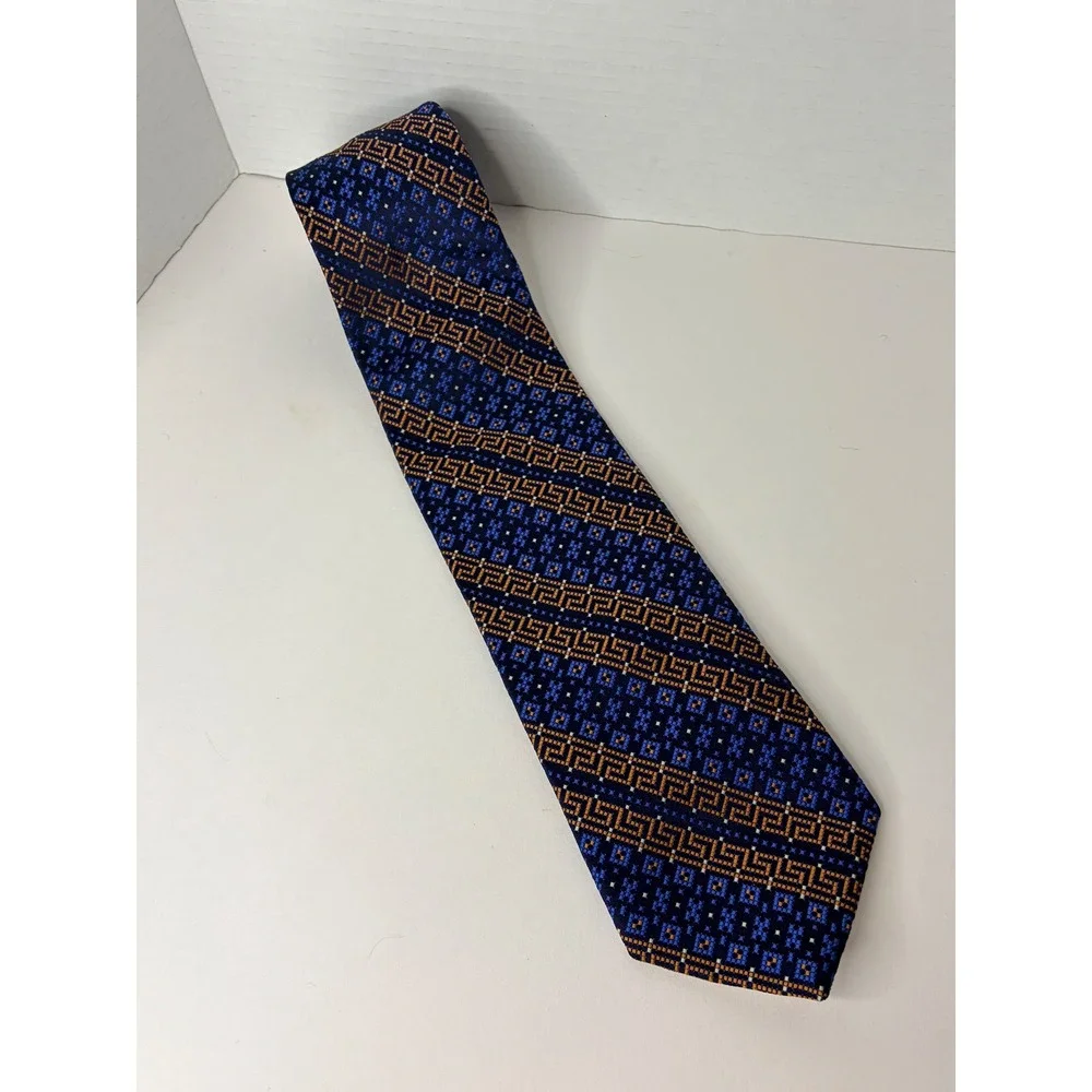 Oscar de la Renta Silk Tie Blue Orange Geometric Pattern Designer Neck Tie